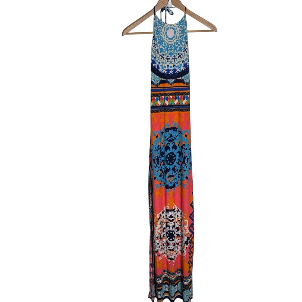 Y2K floral mandala side slit halter maxi dress  cutout slinky size Small